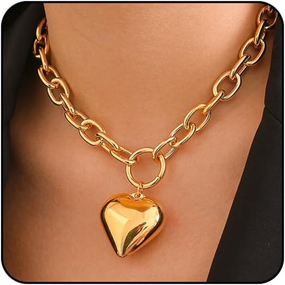 Gold Heart Chunky Necklaces for Women Silver Heart Necklace Big Pearl Choker Nec